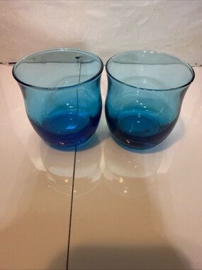 Vintage Cobalt Blue Turquoise Low Ball Cocktail Glasses Lot of 2